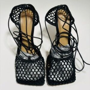 BOTTEGA VENETA Black Stretch Mesh Black Wrap Around Gel Infused Heels Size 38